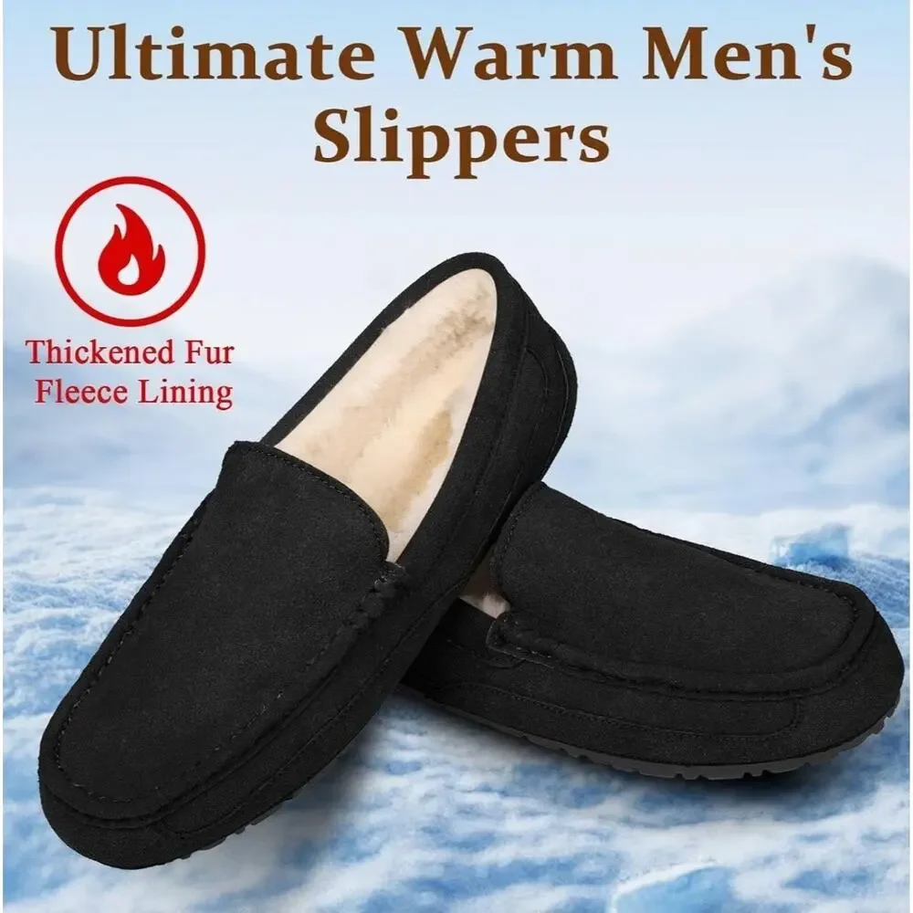 Cuiapl Mens Moccasin Slippers Black Suede Warm Fur Lined House Loafers Size 10 N